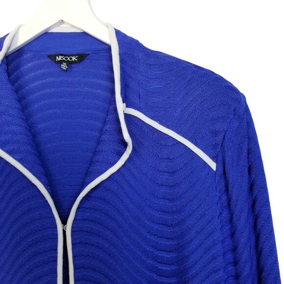 Misook Knit Jacket Cobalt Blue White Contrast Trim Pockets Size XL - Picture 2 of 9